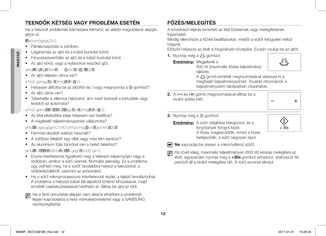 Samsung ME89F-1S/XEO manual Teendők Kétség Vagy Probléma Esetén, Főzés/Melegítés 