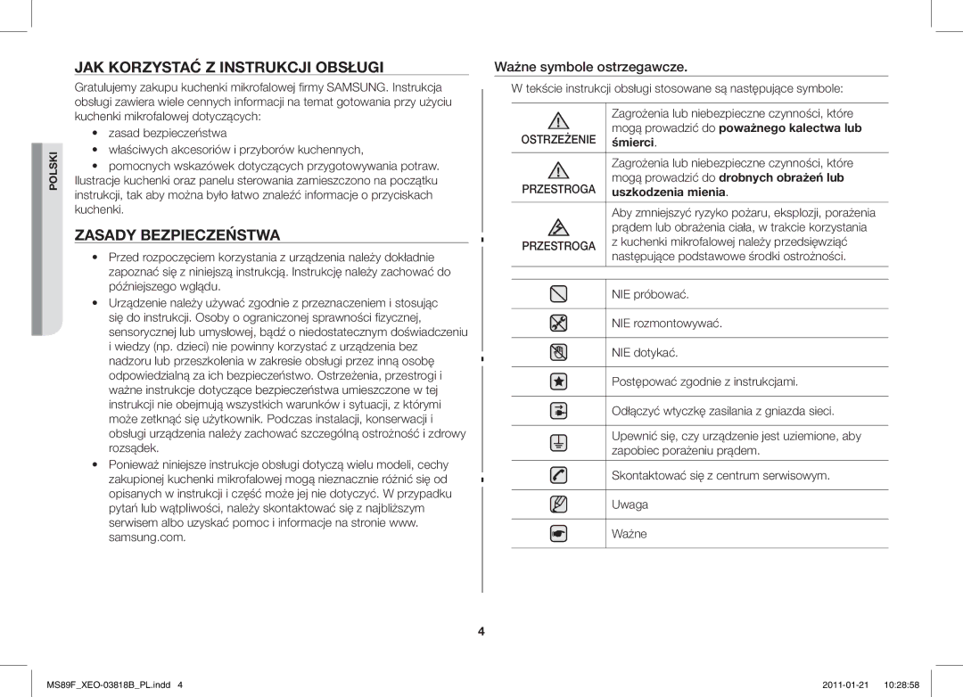 Samsung ME89F-1S/XEO manual JAK Korzystać Z Instrukcji Obsługi, Zasady Bezpieczeństwa, Ważne symbole ostrzegawcze 