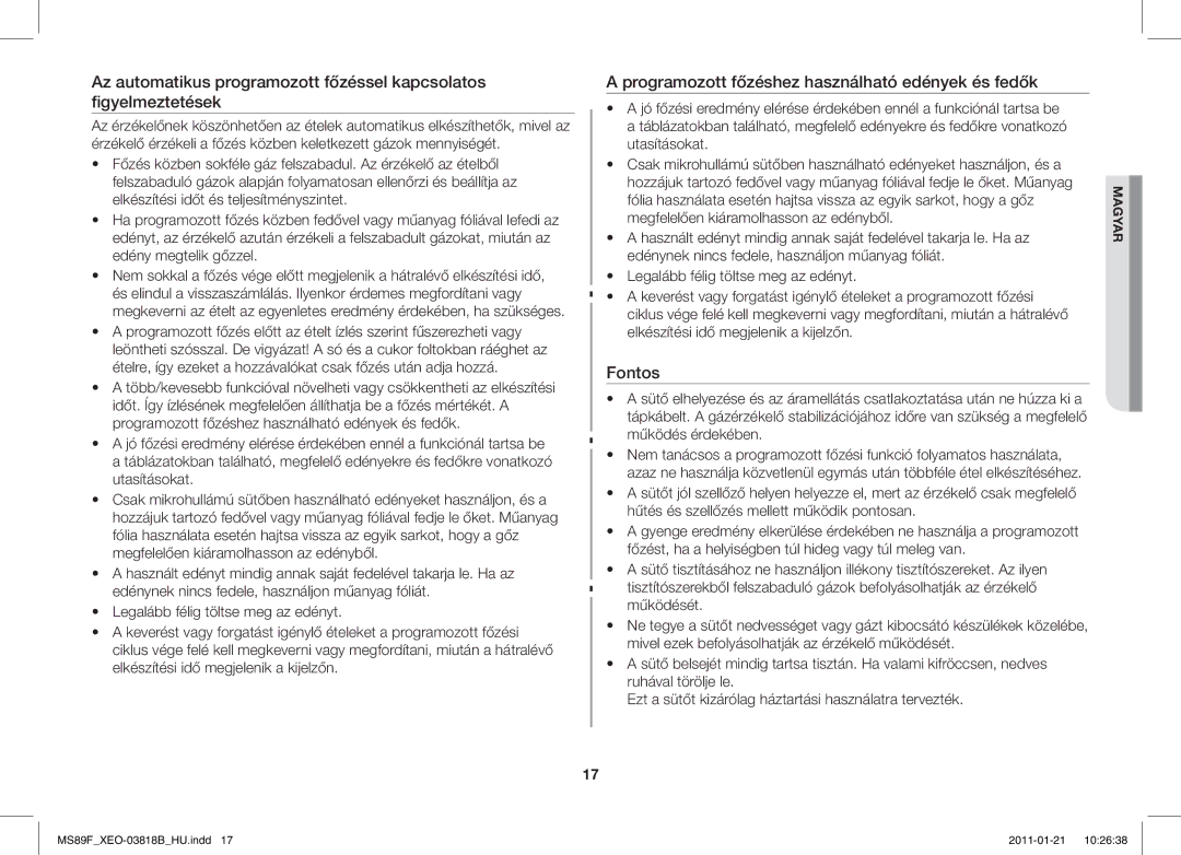 Samsung ME89F-1S/XEO manual Programozott főzéshez használható edények és fedők, Fontos 