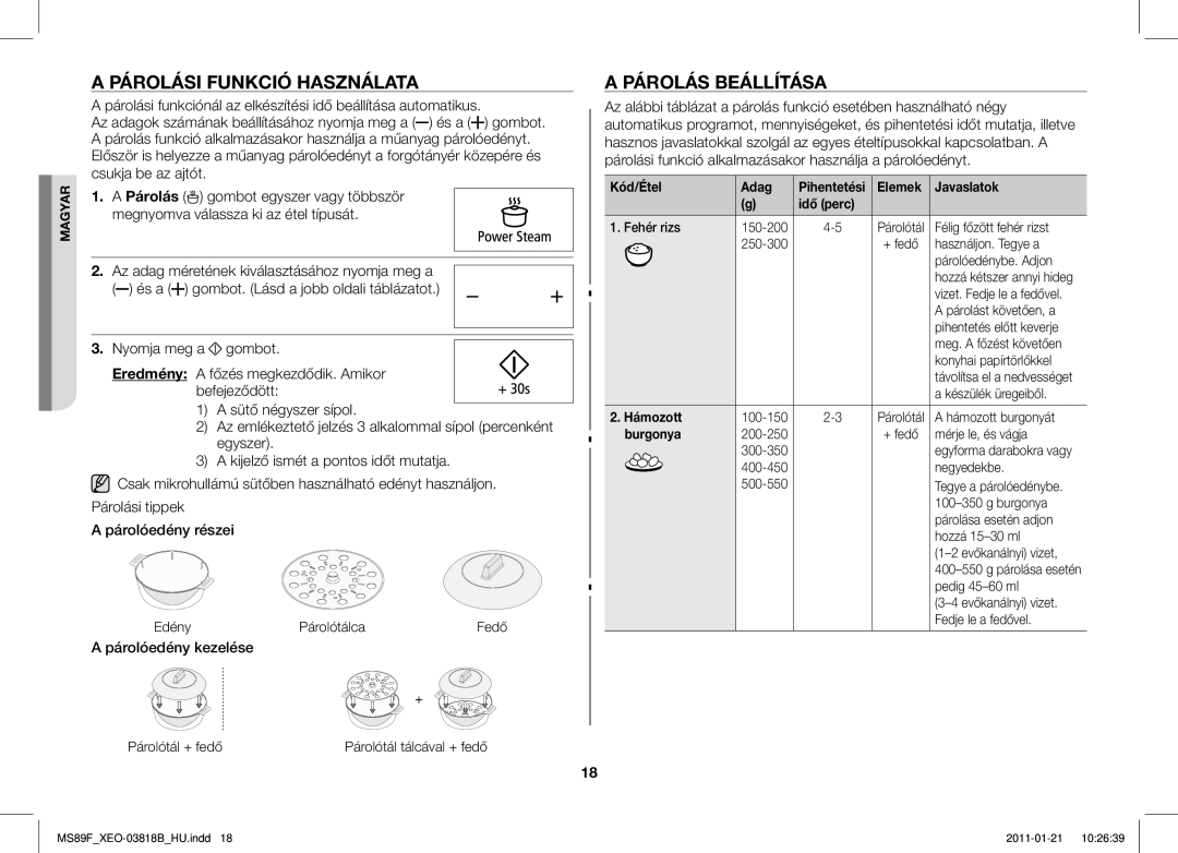 Samsung ME89F-1S/XEO manual Párolási Funkció Használata, Párolás Beállítása, Megnyomva válassza ki az étel típusát 