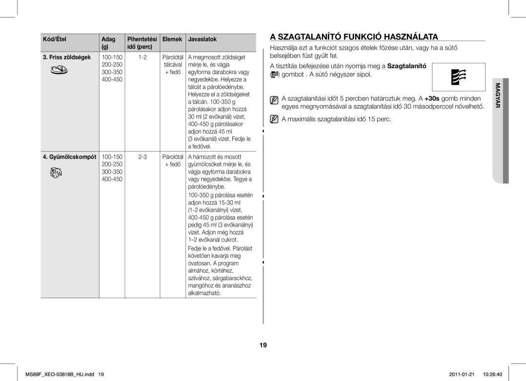 Samsung ME89F-1S/XEO manual Szagtalanító Funkció Használata, Maximális szagtalanítási idő 15 perc, Friss zöldségek 