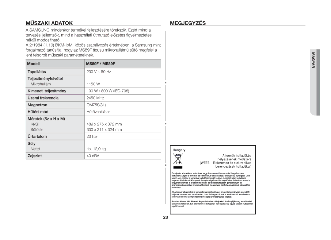 Samsung ME89F-1S/XEO manual Műszaki Adatok Megjegyzés, Modell MS89F / ME89F 