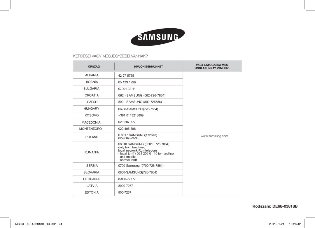 Samsung ME89F-1S/XEO manual Kódszám DE68-03818B 