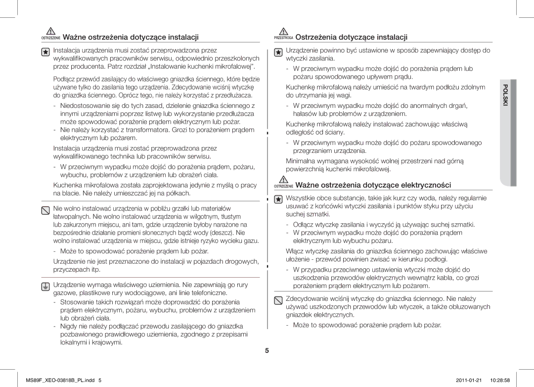 Samsung ME89F-1S/XEO manual Ostrzeżenie Ważne ostrzeżenia dotyczące elektryczności 