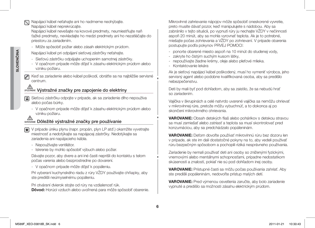 Samsung ME89F-1S/XEO manual Upozornenie Výstražné značky pre zapojenie do elektriny 