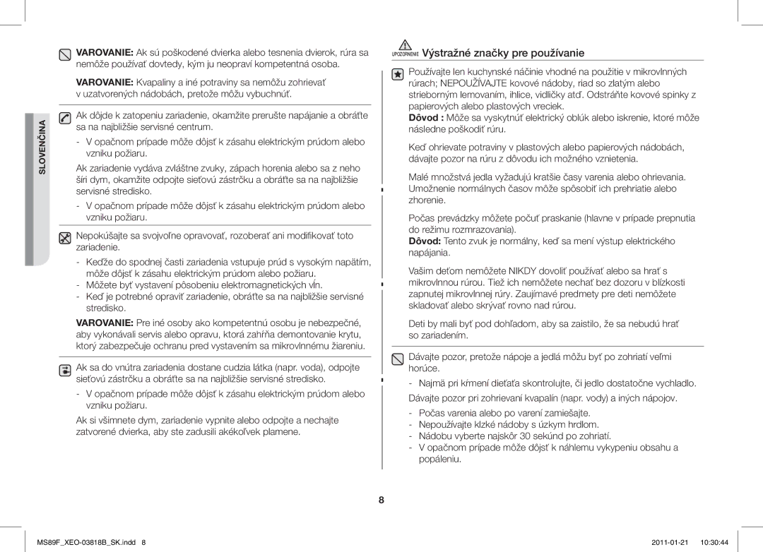 Samsung ME89F-1S/XEO manual Upozornenie Výstražné značky pre používanie 