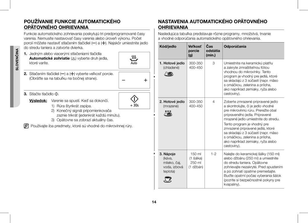 Samsung ME89F-1S/XEO manual Používanie Funkcie Automatického Opätovného Ohrievania 