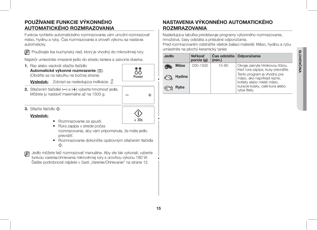 Samsung ME89F-1S/XEO manual Používanie Funkcie Výkonného Automatického Rozmrazovania, Raz alebo viackrát stlačte tlačidlo 