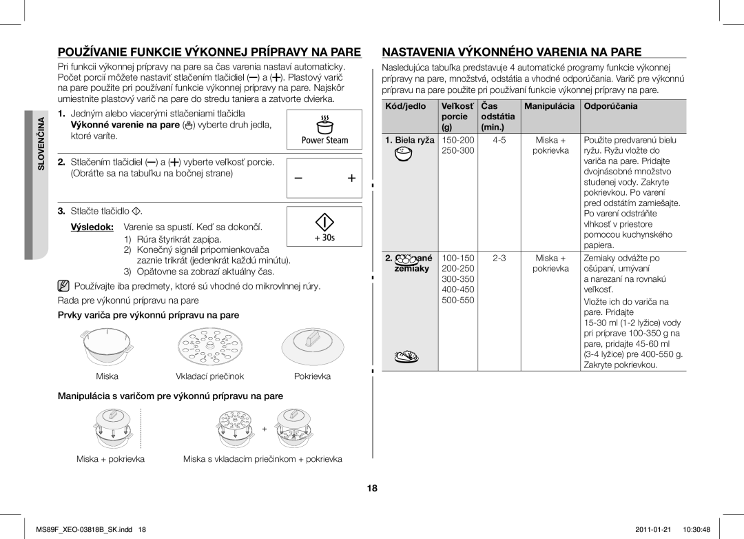 Samsung ME89F-1S/XEO manual Používanie Funkcie Výkonnej Prípravy NA Pare, Nastavenia Výkonného Varenia NA Pare 