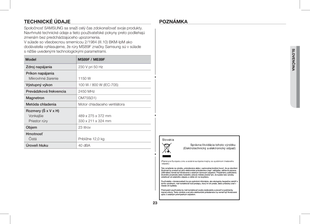 Samsung ME89F-1S/XEO manual Technické Údaje, Poznámka 