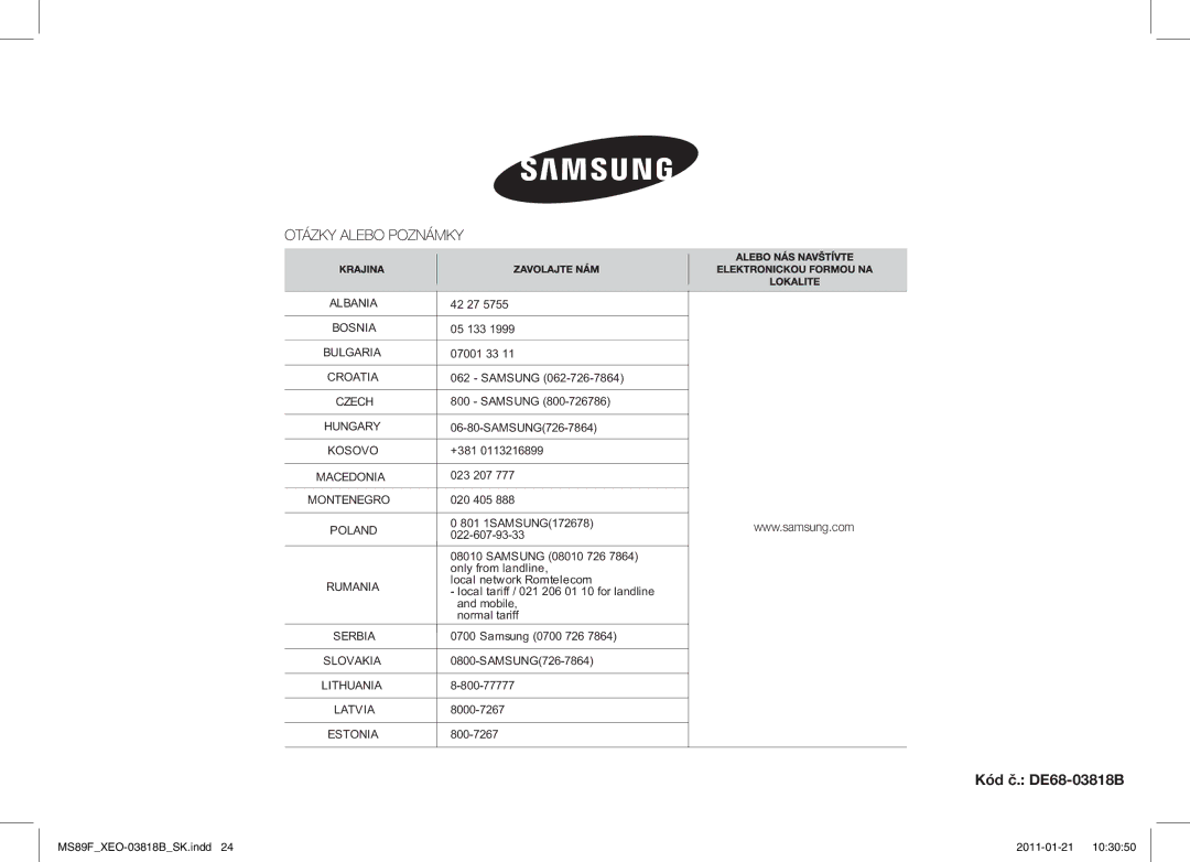 Samsung ME89F-1S/XEO manual Kód č. DE68-03818B 