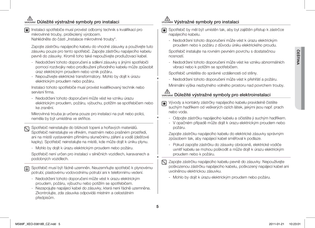 Samsung ME89F-1S/XEO manual Varování Důležité výstražné symboly pro elektroinstalaci 