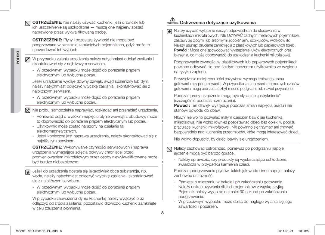 Samsung ME89F-1S/XEO manual Przestroga Ostrzeżenia dotyczące użytkowania 