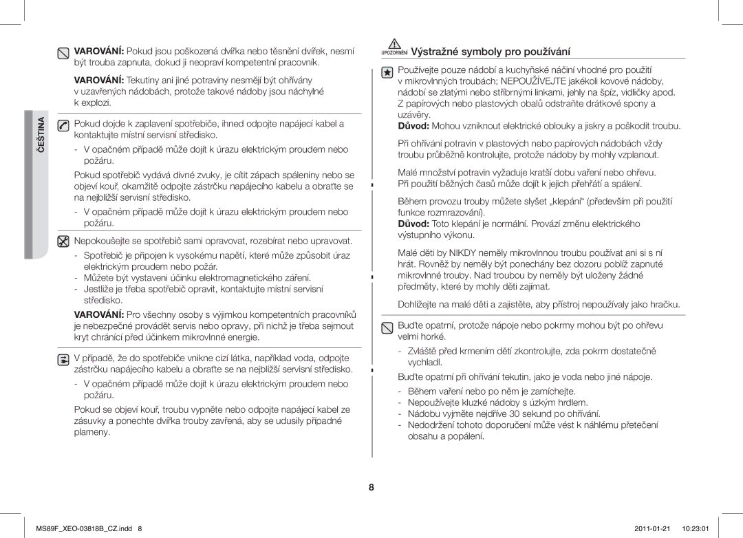 Samsung ME89F-1S/XEO manual Upozornění Výstražné symboly pro používání 