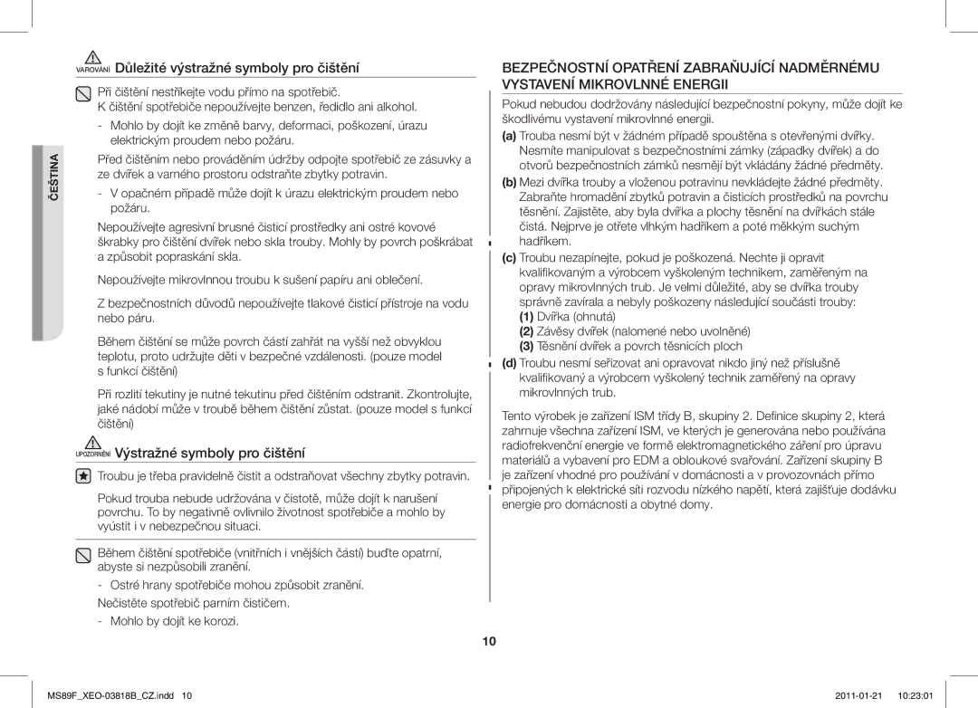 Samsung ME89F-1S/XEO manual Varování Důležité výstražné symboly pro čištění, Upozornění Výstražné symboly pro čištění 