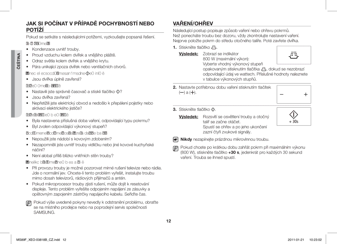 Samsung ME89F-1S/XEO manual JAK SI Počínat V Případě Pochybností Nebo Potíží, Vaření/Ohřev 