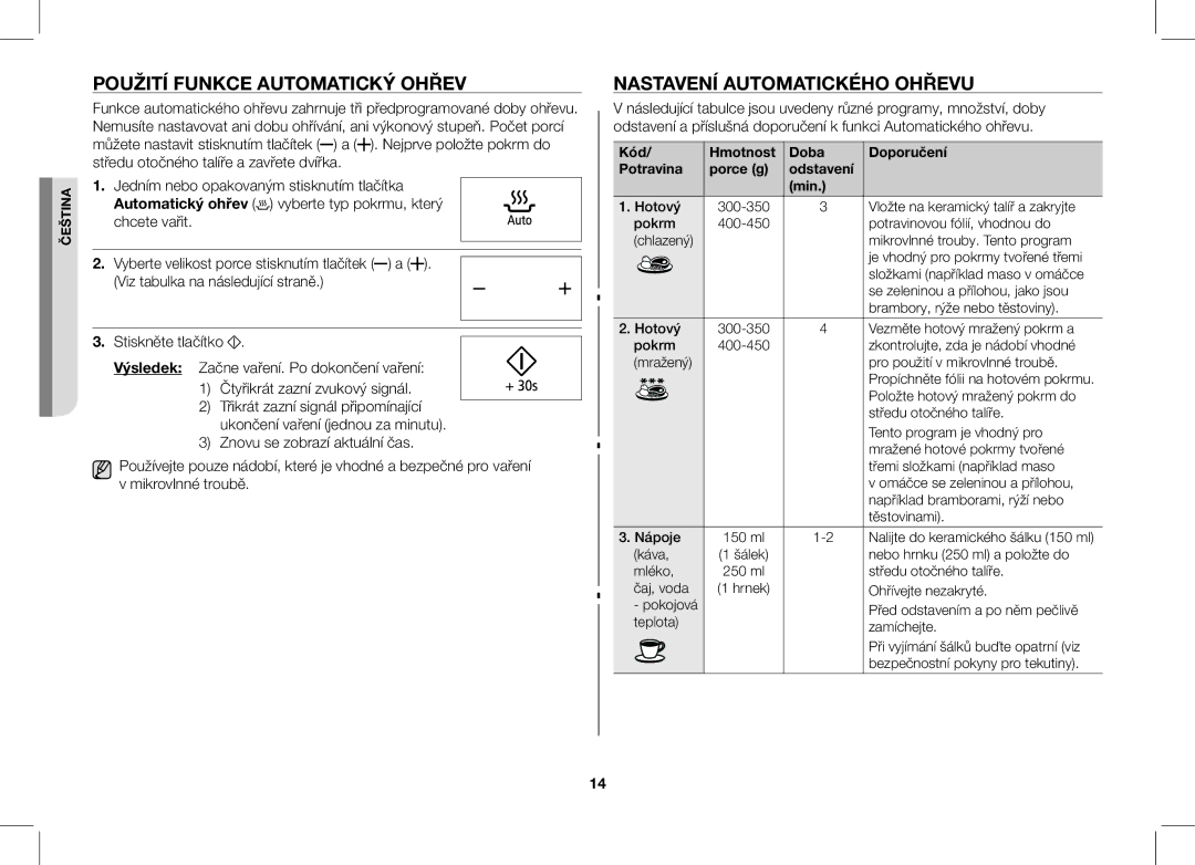 Samsung ME89F-1S/XEO manual Použití Funkce Automatický Ohřev, Nastavení Automatického Ohřevu 