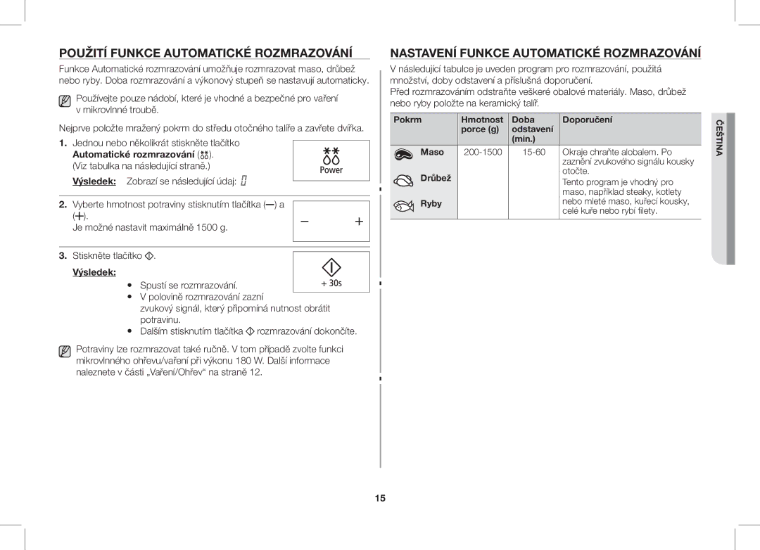 Samsung ME89F-1S/XEO manual Použití Funkce Automatické Rozmrazování, Nastavení Funkce Automatické Rozmrazování, Výsledek 