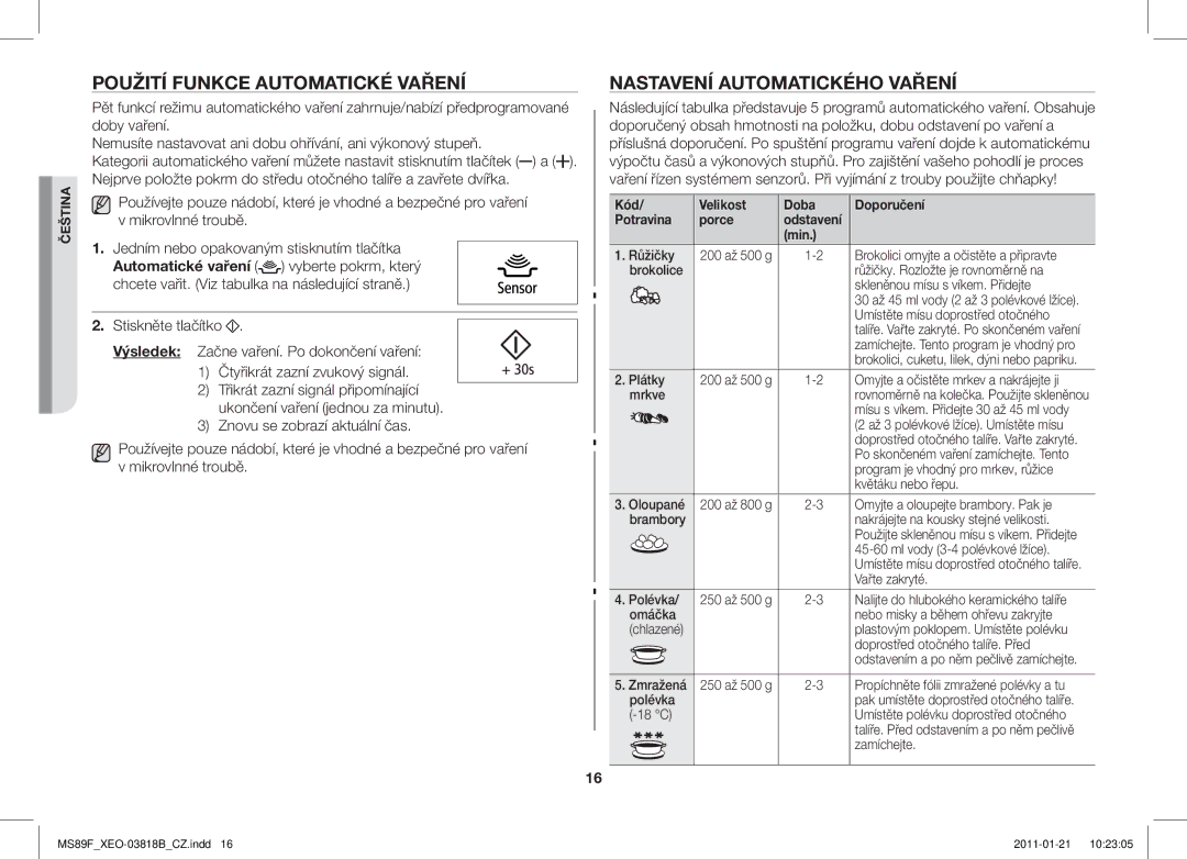 Samsung ME89F-1S/XEO manual Použití Funkce Automatické Vaření, Nastavení Automatického Vaření 