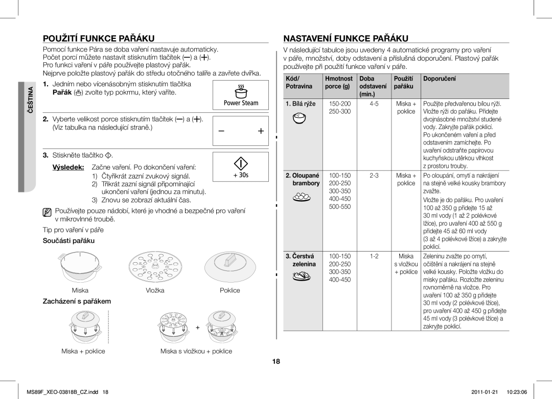 Samsung ME89F-1S/XEO manual Použití Funkce Pařáku, Nastavení Funkce Pařáku, Pařák zvolte typ pokrmu, který vaříte, Brambory 