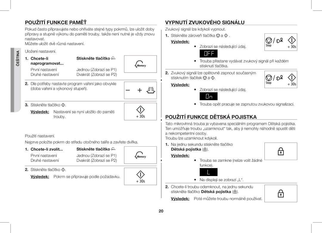 Samsung ME89F-1S/XEO Použití Funkce Paměť, Vypnutí Zvukového Signálu, Použití Funkce Dětská Pojistka, Druhé nastavení 