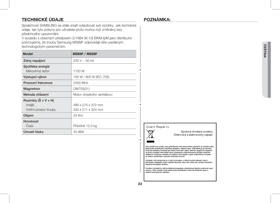 Samsung ME89F-1S/XEO manual Technické Údaje Poznámka, Elektrický a elektronický odpad 