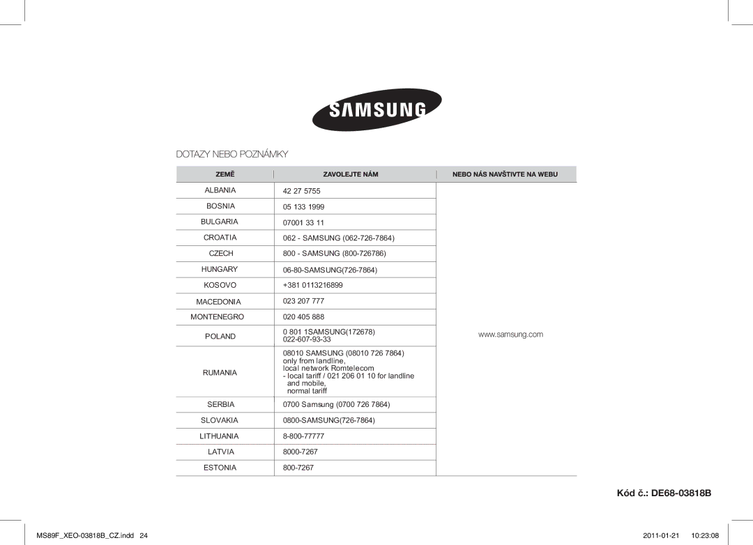 Samsung ME89F-1S/XEO manual Kód č. DE68-03818B 