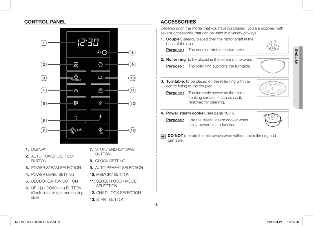 Samsung ME89F-1S/XEO manual Control Panel Accessories, Purpose, Power steam cooker, see 