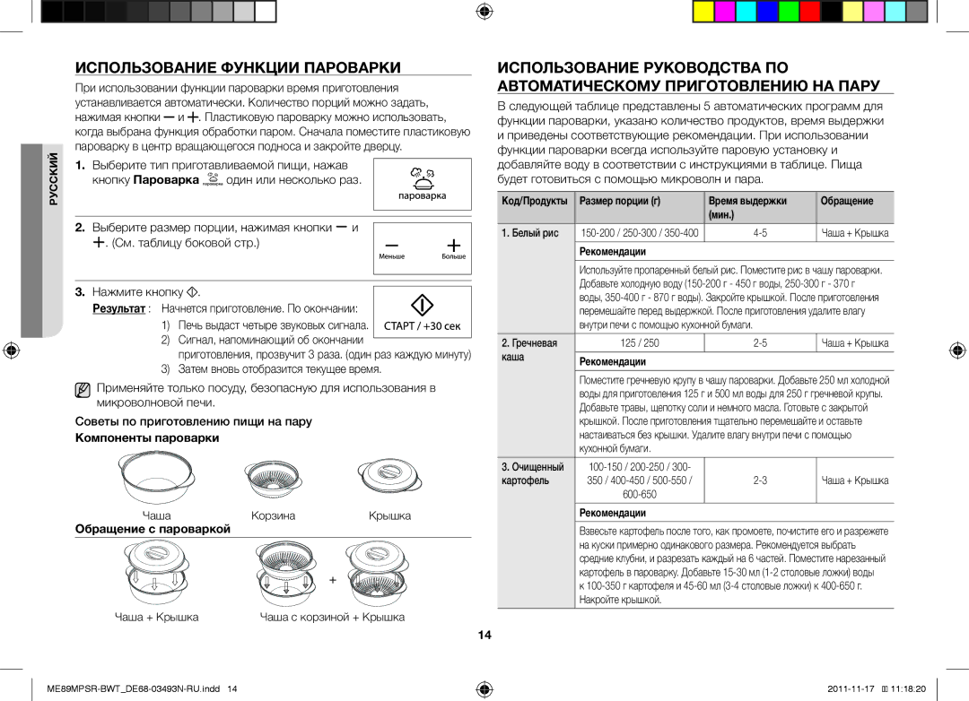 Samsung ME89MPSR/BWT manual Использование Функции Пароварки, Компоненты пароварки, Обращение с пароваркой, Рекомендации 