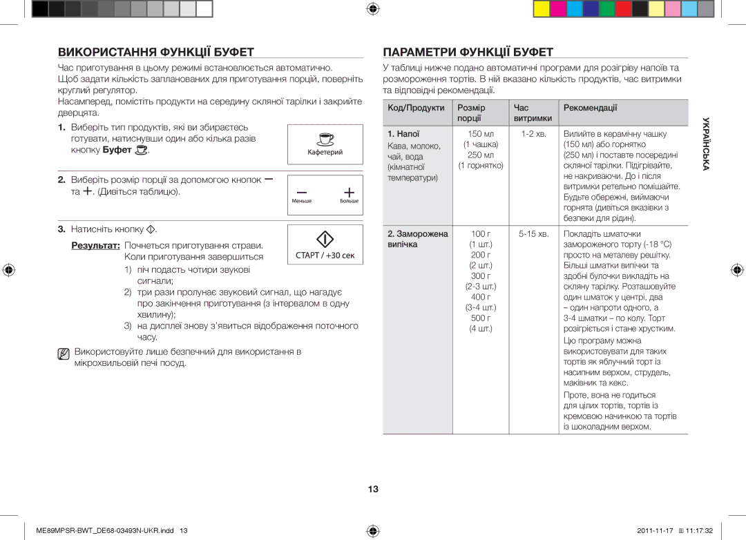 Samsung ME89MPSR/BWT manual Використання Функції Буфет, Параметри Функції Буфет 