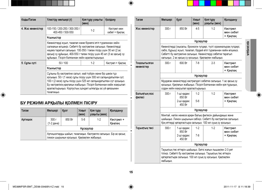 Samsung ME89MPSR/BWT manual БУ Режимі Арқылы Қолмен Пісіру 