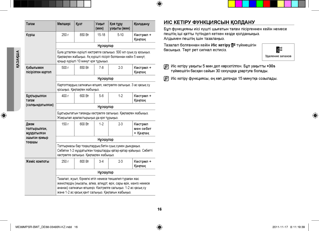 Samsung ME89MPSR/BWT manual ИІС Кетіру Функциясын Қолдану, Иіс кетіру функциясы, ең көп дегенде 15 минутқа созылады 