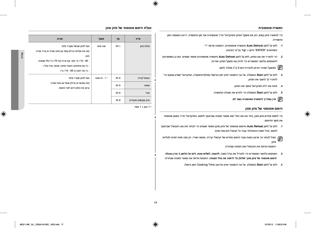 Samsung ME9114ST/SLI, ME9114W/SLI manual ןכומ ןוזמ לש יטמוטוא םומיח תלבט, 25 מעב תיטמוטוא הרשפהל ךירדמב ןייע 