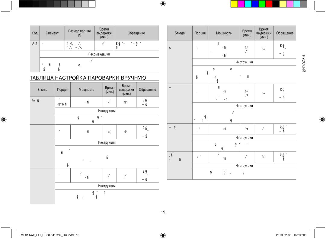 Samsung ME9114ST/SLI, ME9114W/SLI manual Таблица Настройка Пароварки Вручную, Время Код, Время Блюдо, Мощность, Инструкции 