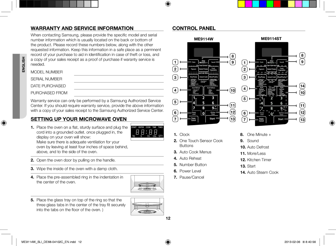 Samsung ME9114W/SLI, ME9114ST/SLI manual Warranty and Service Information Control Panel, Setting UP Your Microwave Oven 