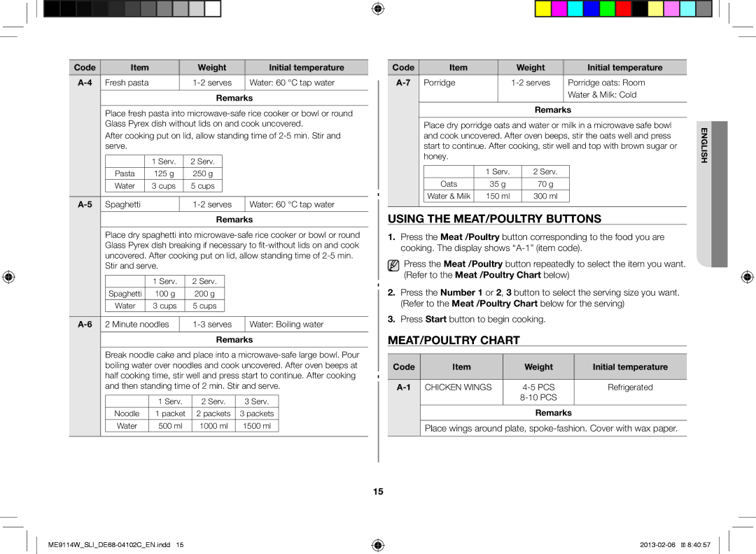 Samsung ME9114ST/SLI manual Using the MEAT/POULTRY Buttons, MEAT/POULTRY Chart, Code Weight Initial temperature Fresh pasta 