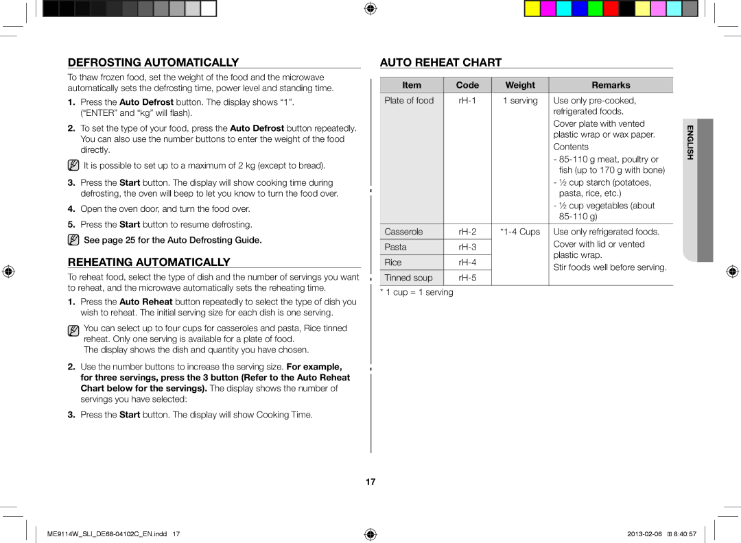 Samsung ME9114ST/SLI manual Defrosting Automatically, Reheating Automatically, Auto Reheat Chart, Code Weight Remarks 