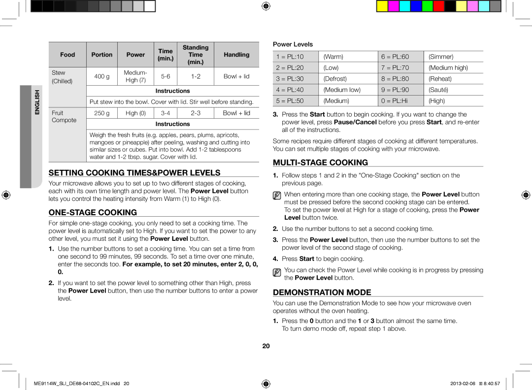 Samsung ME9114W/SLI manual Setting Cooking TIMES&POWER Levels, ONE-STAGE Cooking, MULTI-STAGE Cooking, Demonstration Mode 