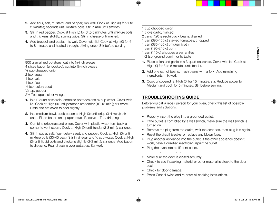 Samsung ME9114ST/SLI, ME9114W/SLI manual Troubleshooting Guide, ¼ cup chopped onion 2 tsp. sugar Tsp. salt Tsp. flour 