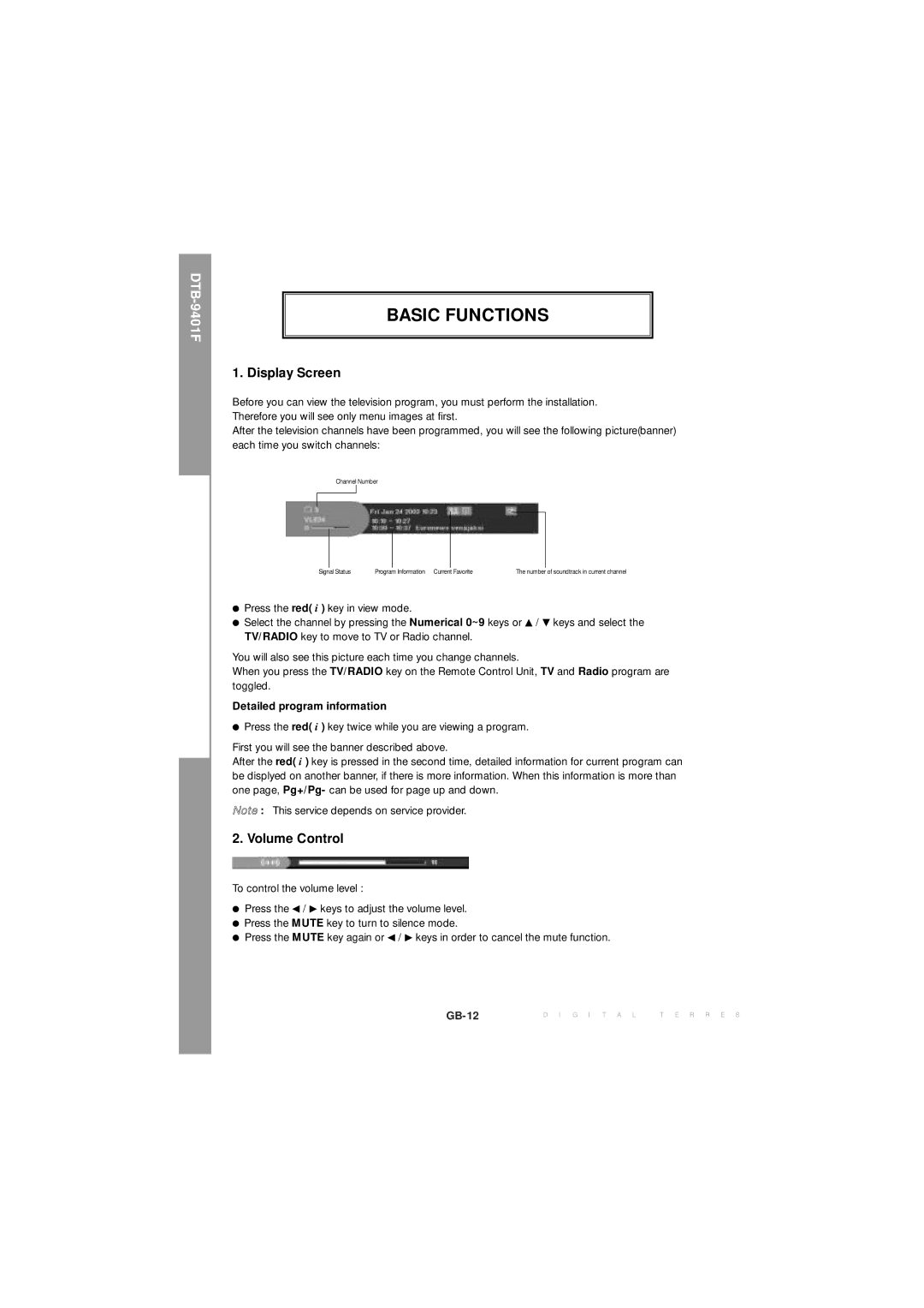 Samsung MF68-00271A manual Basic Functions, Display Screen, Volume Control, Detailed program information 