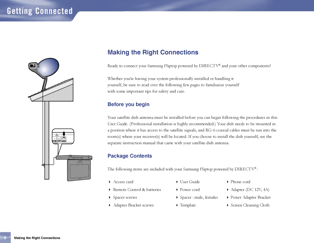 Samsung MF68-00389A-00, SL10D10 manual Making the Right Connections, Before you begin Package Contents 