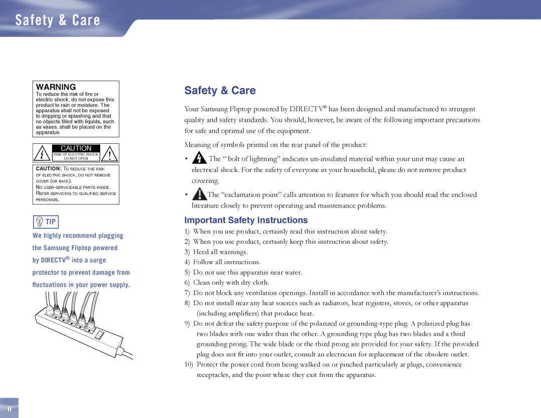 Samsung MF68-00389A-00, SL10D10 manual Safety & Care, Important Safety Instructions 