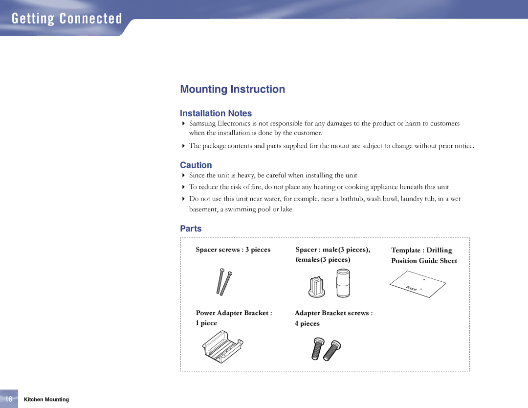 Samsung MF68-00389A-00, SL10D10 manual Mounting Instruction, Installation Notes, Parts, Power Adapter Bracket, Piece Pieces 