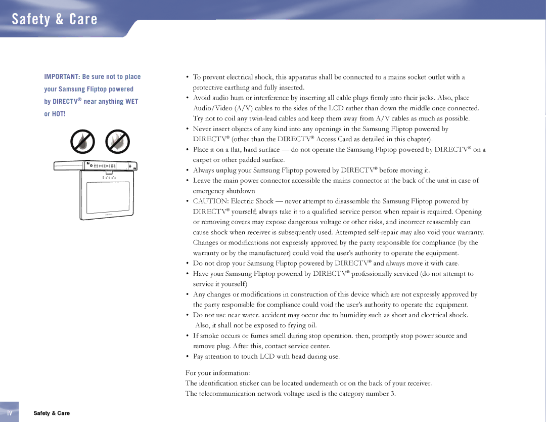 Samsung MF68-00389A-00, SL10D10 manual Iv Safety & Care 