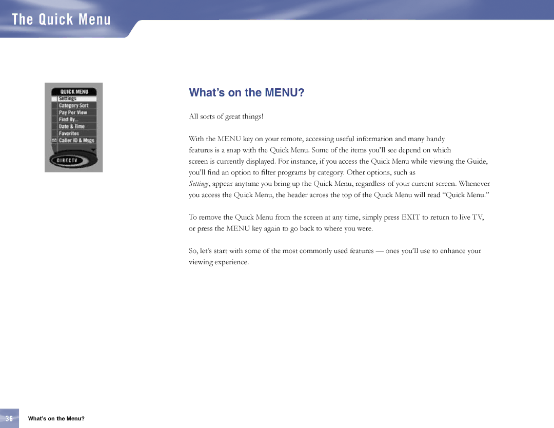 Samsung MF68-00389A-00, SL10D10 manual Quick Menu, What’s on the MENU? 