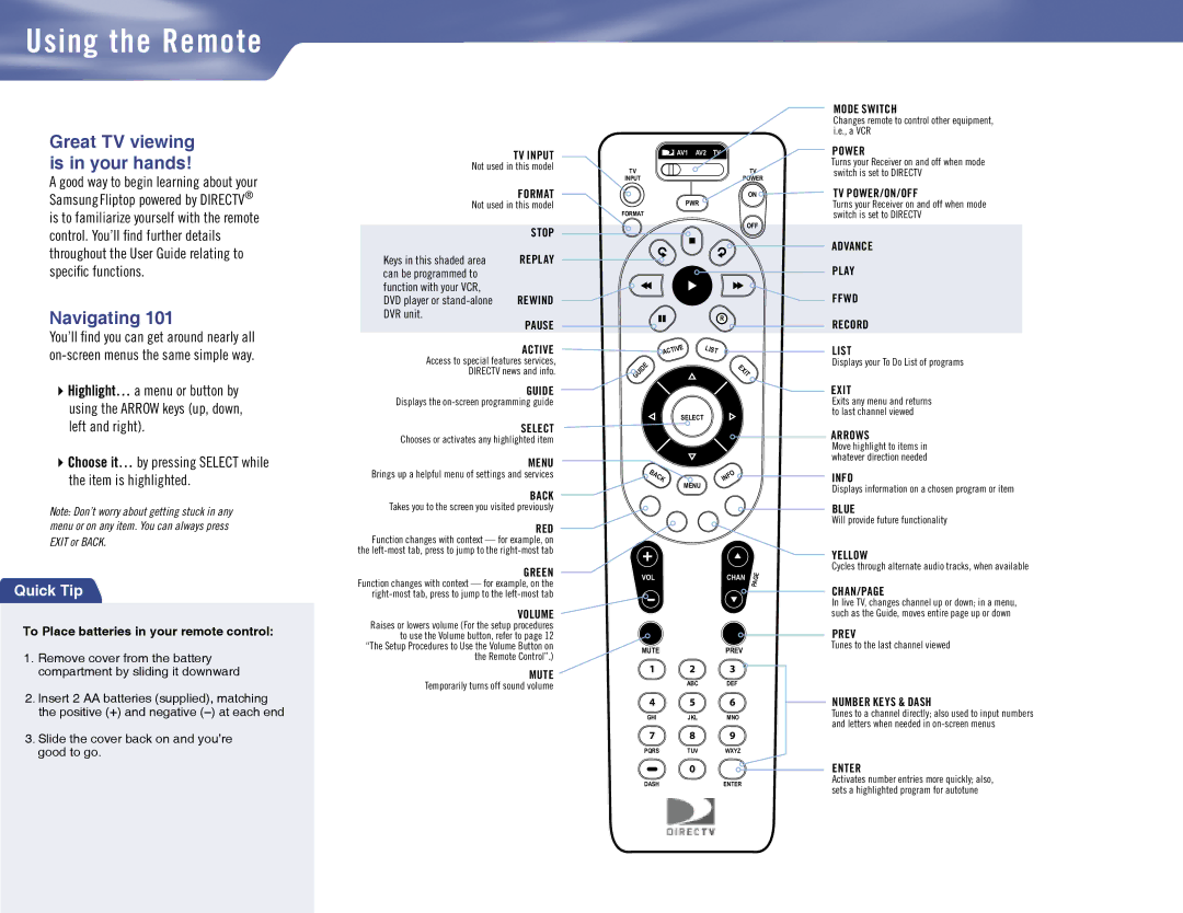 Samsung MF68-00389A-00, SL10D10 manual Using the Remote 