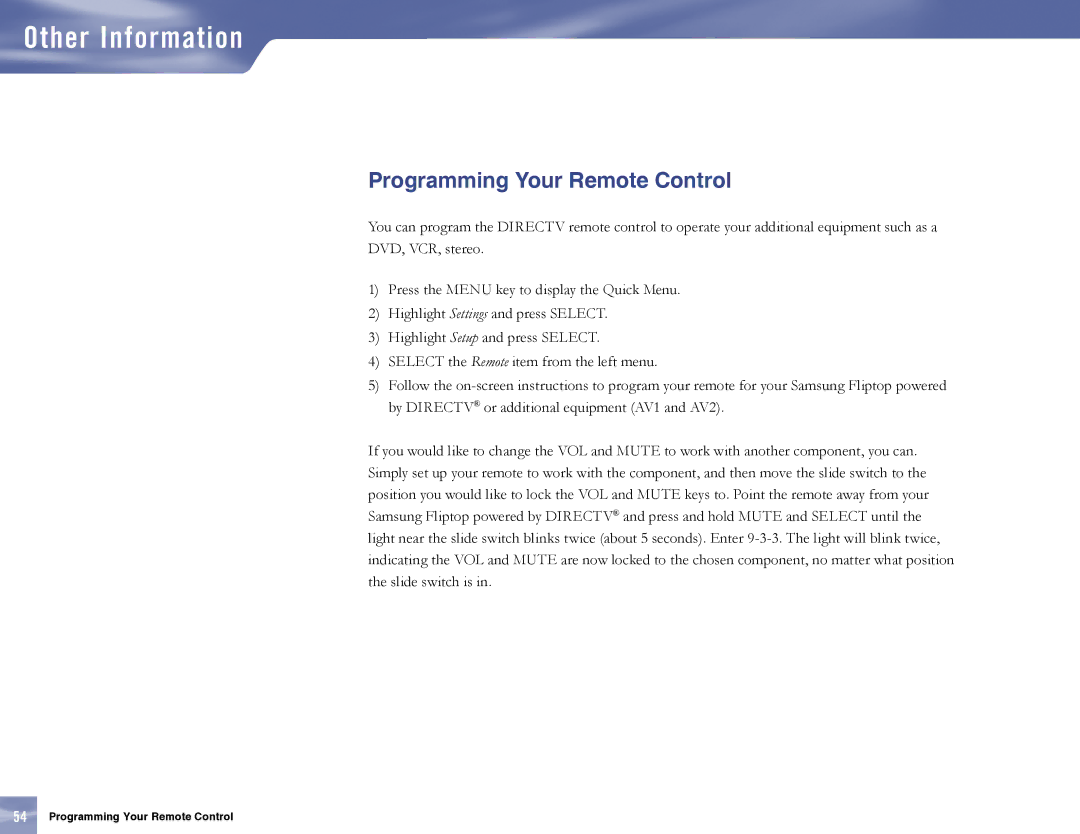 Samsung MF68-00389A-00, SL10D10 manual Other Information, Programming Your Remote Control 