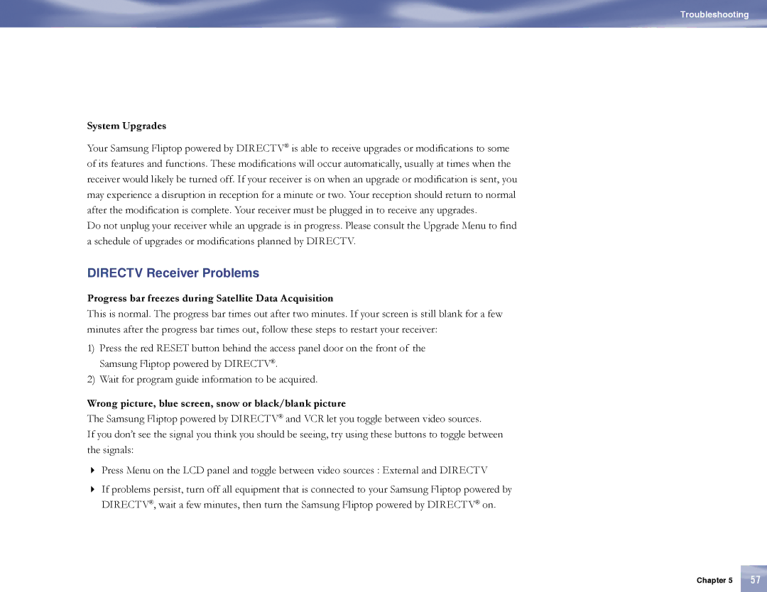 Samsung SL10D10 manual Directv Receiver Problems, System Upgrades, Progress bar freezes during Satellite Data Acquisition 