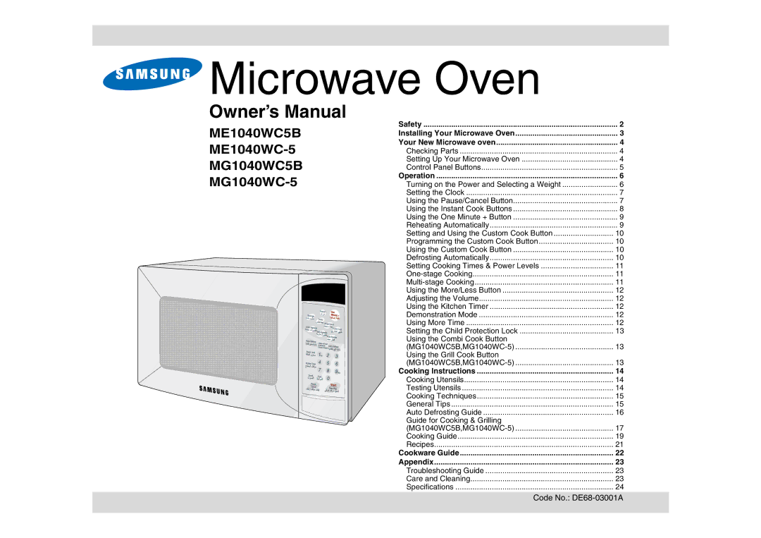 Samsung ME1040WC-5/ZAM, MG1040WC-5/ZAM, ME1040WC/ZAM, ME1040WC5B/ZAM, MG1040WC5B/ZAM manual Microwave Oven 