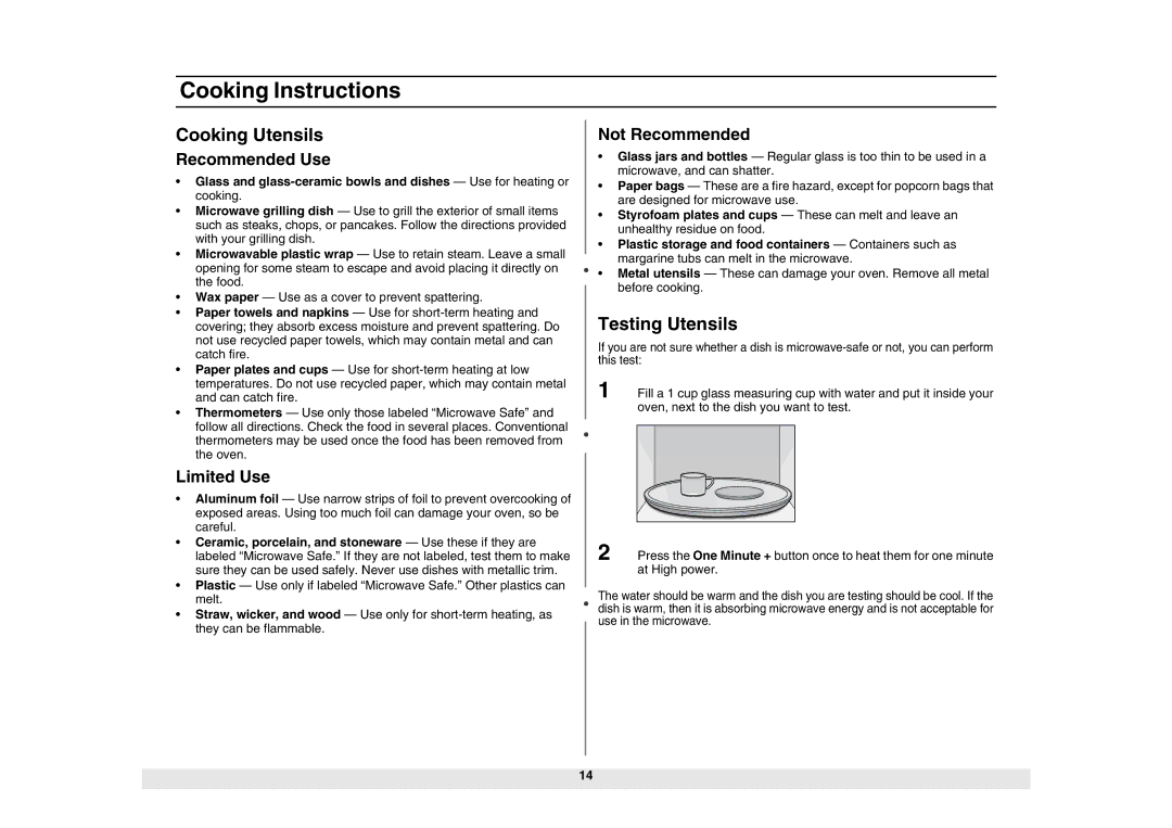 Samsung MG1040WC5B/ZAM, MG1040WC-5/ZAM, ME1040WC-5/ZAM manual Cooking Instructions, Cooking Utensils, Testing Utensils 